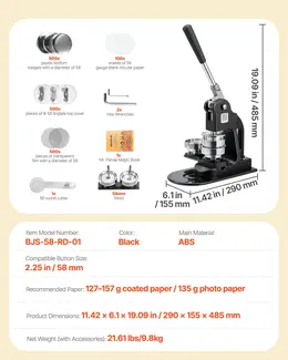 Product image of Button Maker Machine, 2.25 In, Kit with 500 Button Parts, Circle Cutter, Black