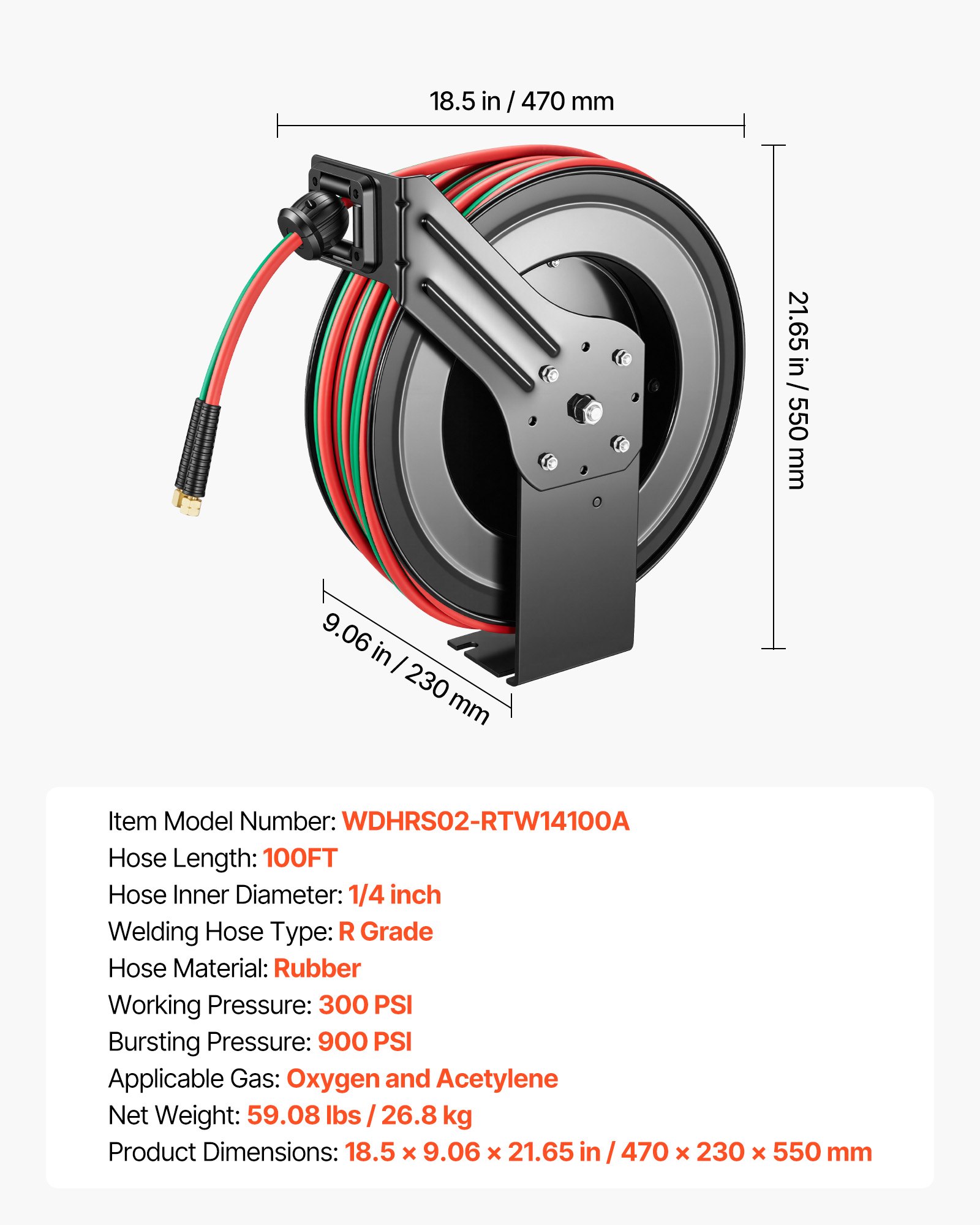 Main product image of Retractable Welding Hose Reel, 1/4 Inch x 100 ft Twin Oxygen Acetylene Hose, 300 PSI R Grade, Wall/Ceiling Mount