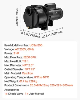 Product image of 2 HP Shallow Well Jet Pump, 230V, 5200 GPH, Cast Iron, 112 Ft Max Head