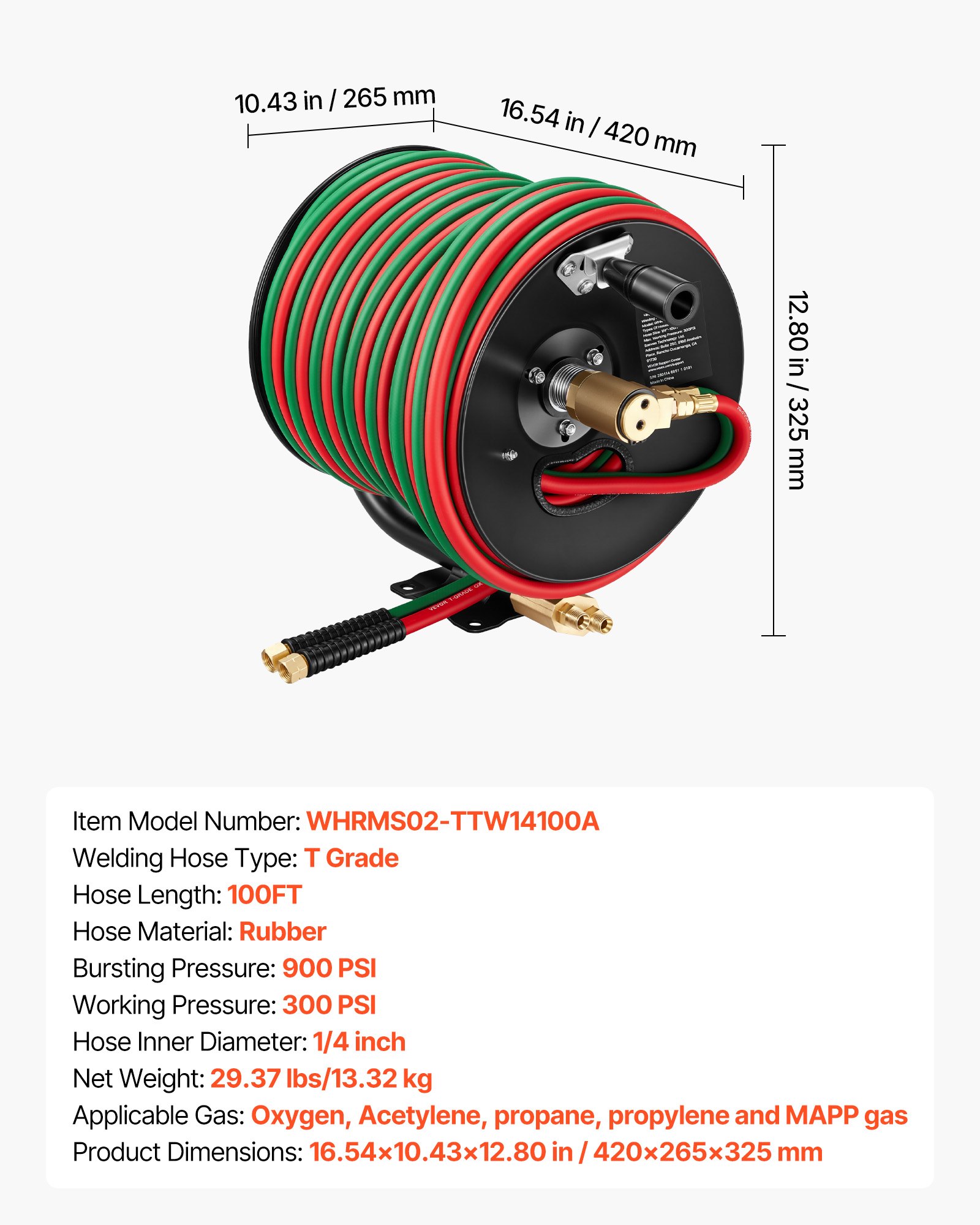 Main product image of Welding Hose Reel, Hand Crank, 1/4" x 100FT Twin Oxygen Acetylene Hose, 300PSI T-Grade