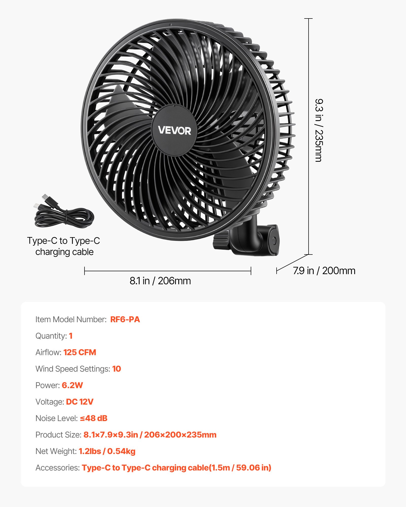 Main product image of Grow Tent Clip On Fan, Rechargeable USB, 9 Speeds, Oscillating, Black, 1 Pack
