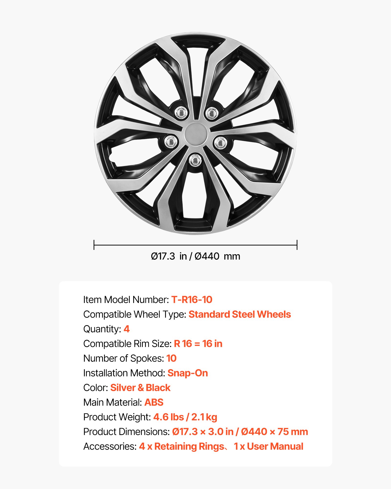 Main product image of 16 Inch Snap-On Hubcaps, Set of 4, OEM Replacement, 10-Spoke ABS, Silver/Black