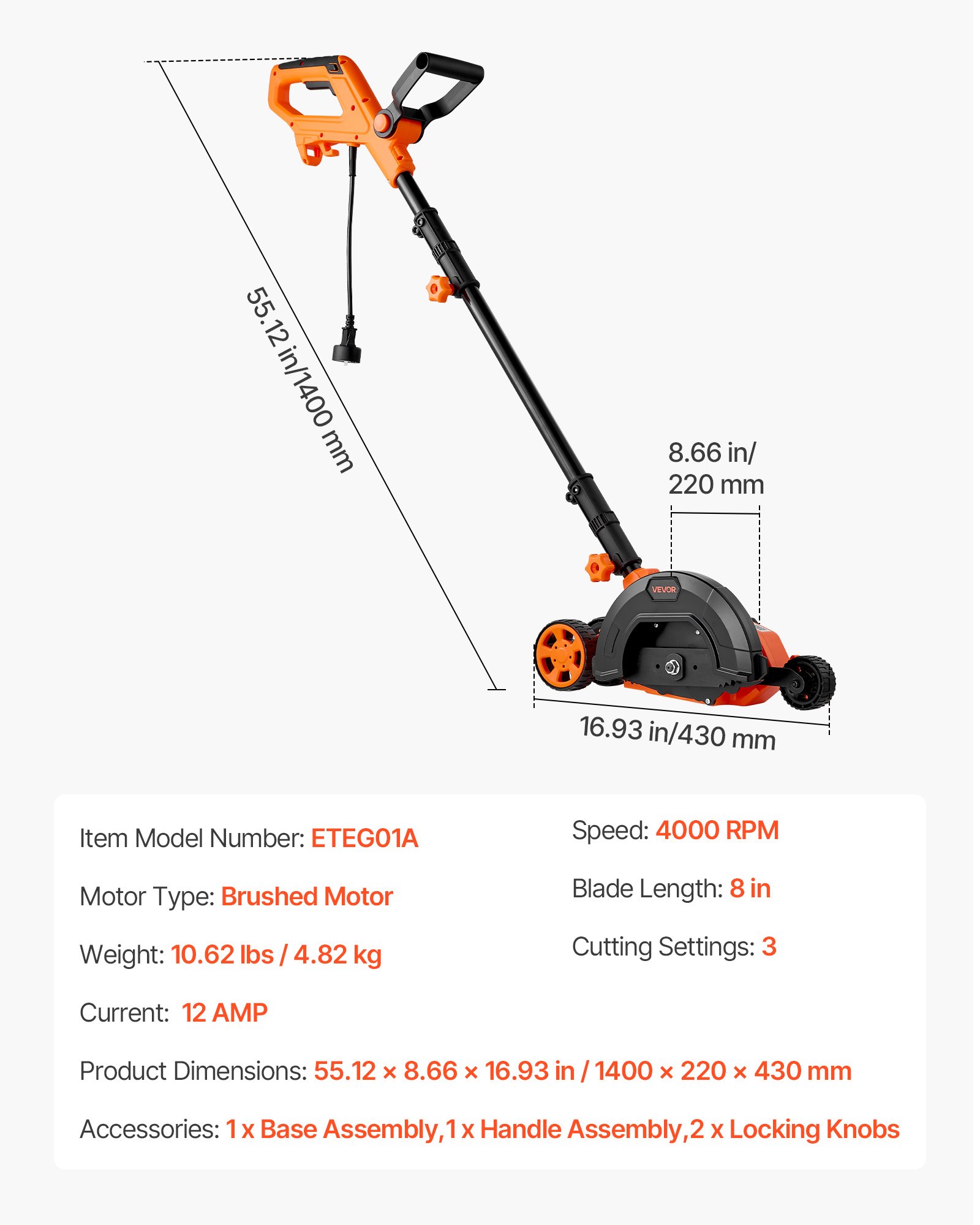 Main product image of 8-inch 12 Amp Electric Lawn Edger, 4000 RPM, 3-Position Depth, Dual Wheels
