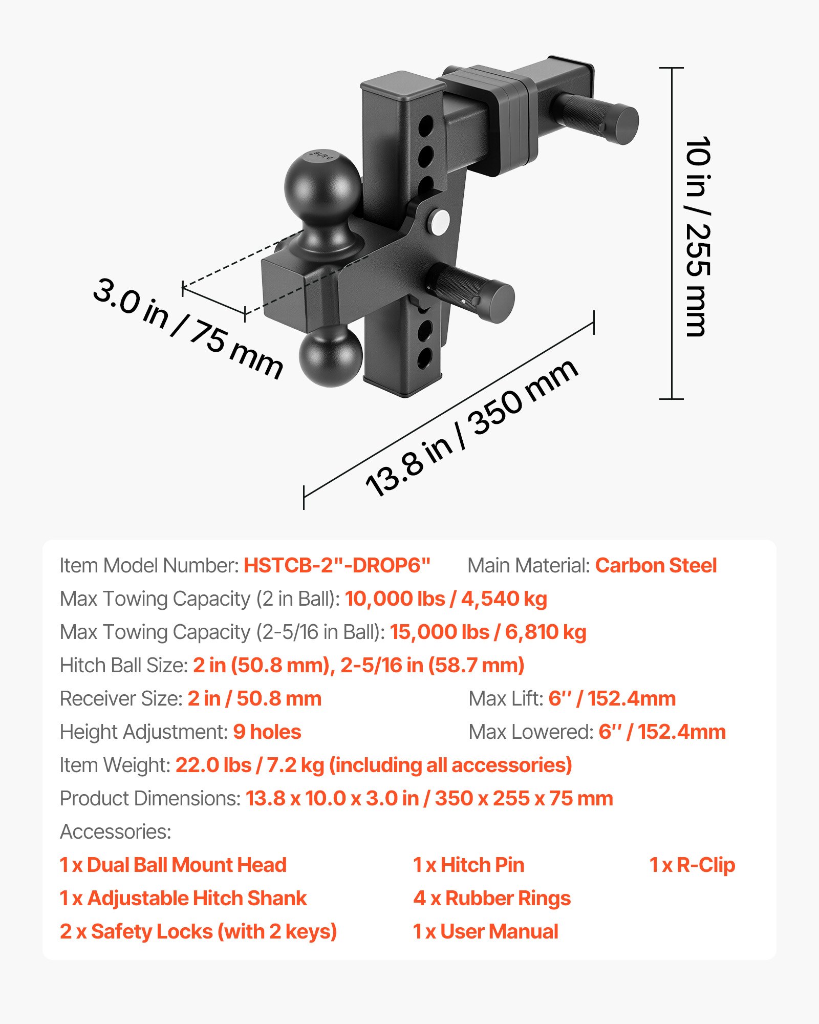 Main product image of Adjustable Trailer Hitch, 2in Receiver, 2in/2-5/16in Balls, 15,000lb GTW, 6in Drop