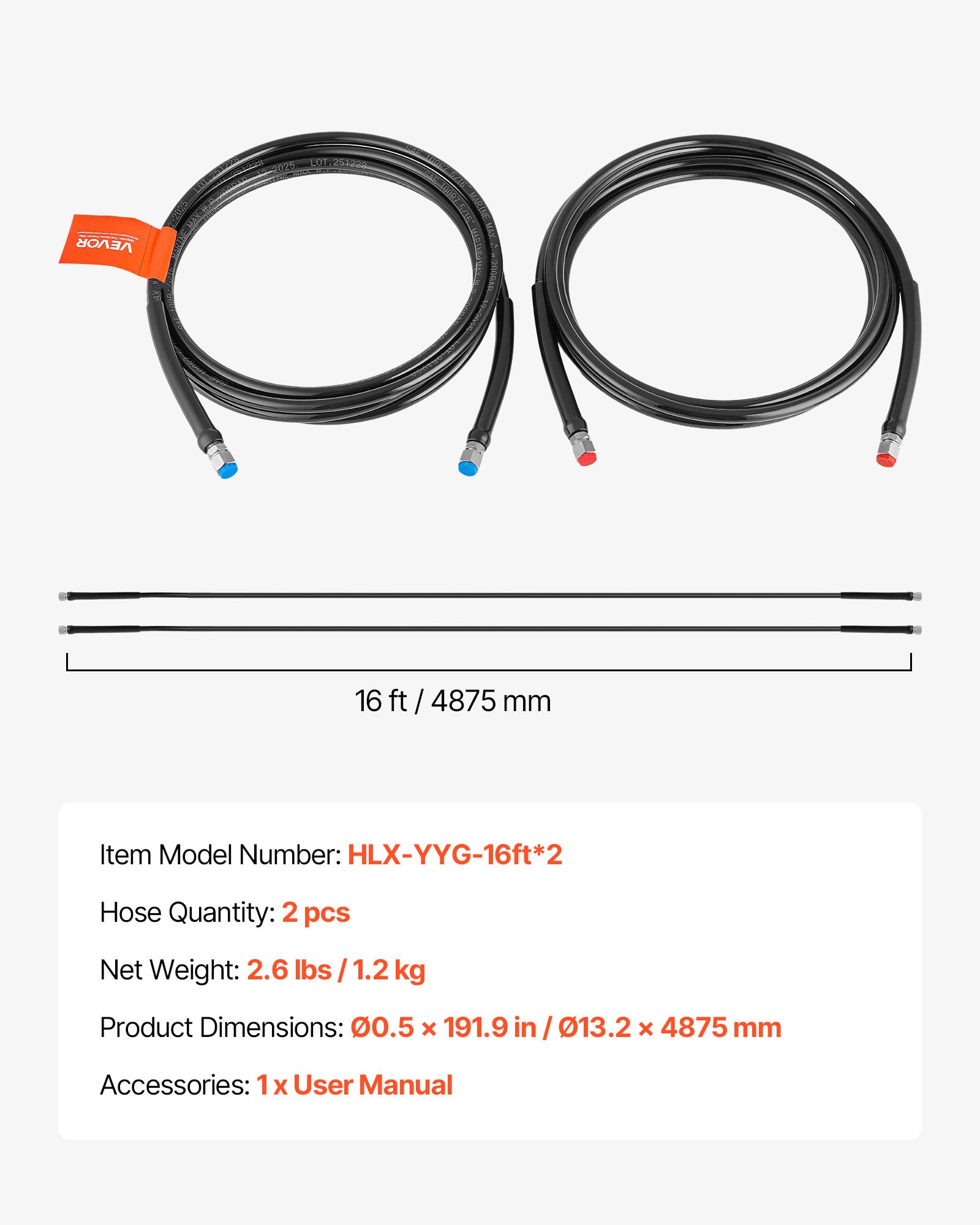 Main product image of 16 Ft 2-Piece TPEE Hydraulic Outboard Steering Hose Kit, 304 SS Connector, 20 MPa