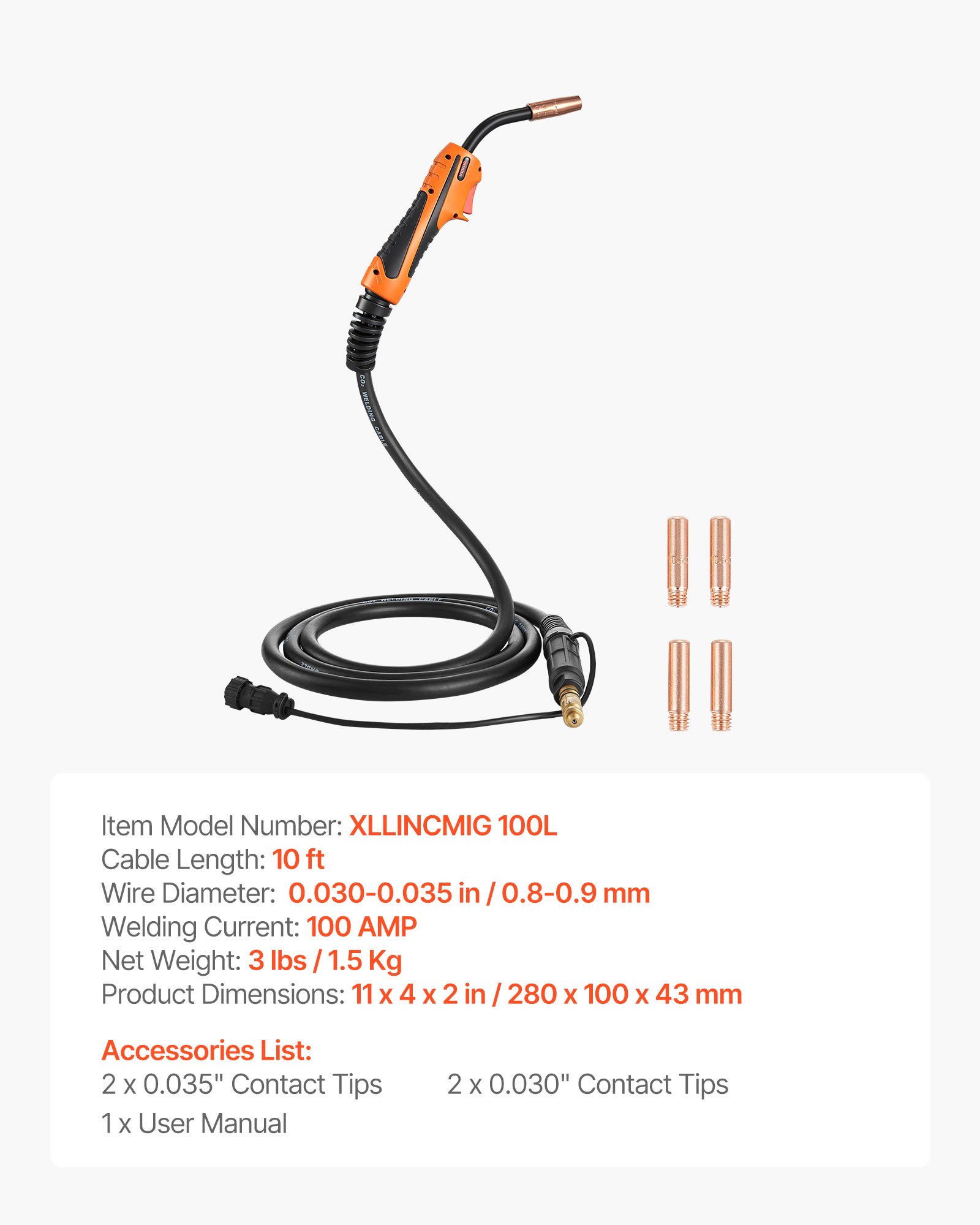Main product image of 100A MIG Welding Gun, 10FT Cable, for Lincoln Magnum 100L K530-6, 5 Contact Tips