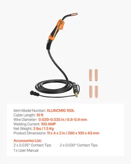 Product image of 100A MIG Welding Gun, 10FT Cable, for Lincoln Magnum 100L K530-6, 5 Contact Tips