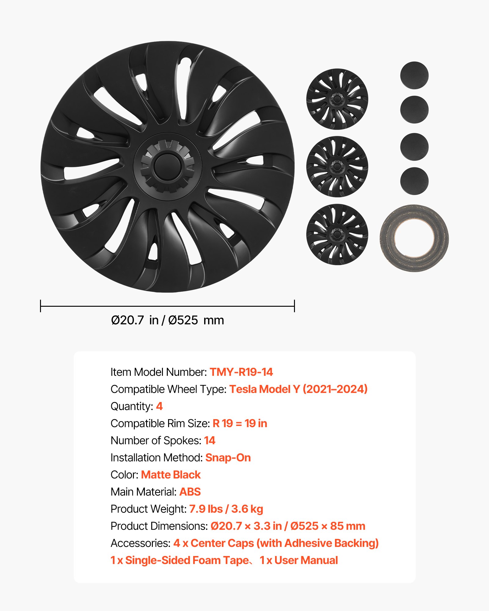 Main product image of 19 Inch Wheel Covers for Tesla Model Y 2021-2024, OEM Style ABS, Matte Black