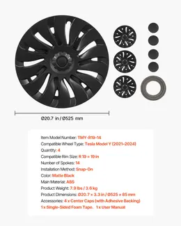 Product image of 19 Inch Wheel Covers for Tesla Model Y 2021-2024, OEM Style ABS, Matte Black