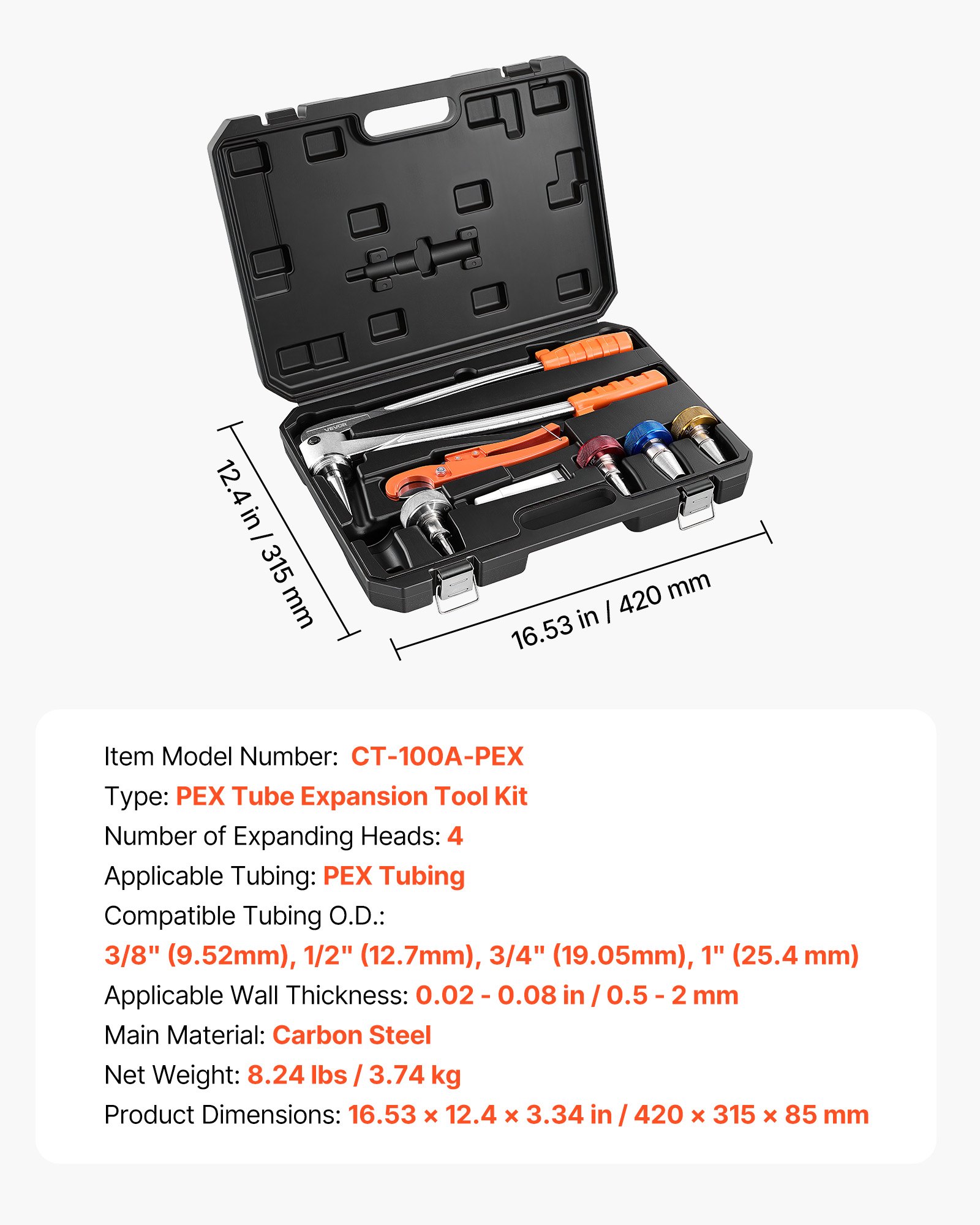 Main product image of PEX Pipe Expander Tool Kit, 3/8", 1/2", 3/4", 1" with 4 Heads, Cutter, Case