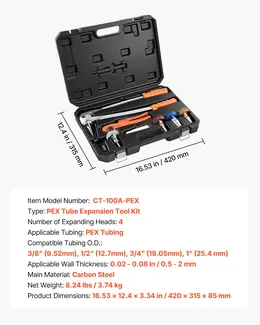 Product image of PEX Pipe Expander Tool Kit, 3/8", 1/2", 3/4", 1" with 4 Heads, Cutter, Case