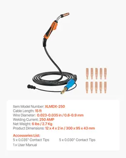 Product image of 250A MIG Welding Gun, 15 ft Cable, Miller MDX-250 Replacement, 11 Tips