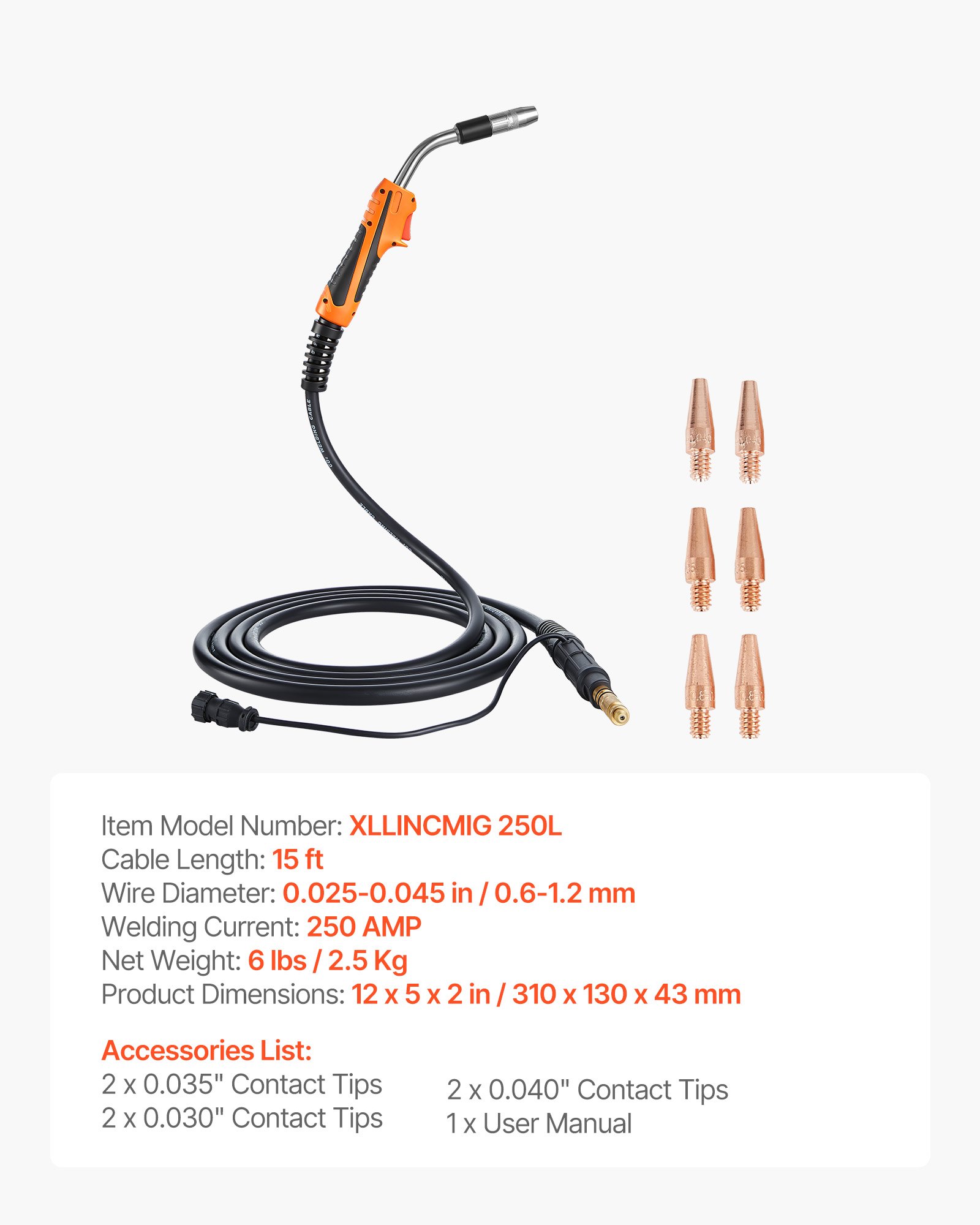 Main product image of 250A MIG Welding Gun, 15 ft Cable, for Lincoln Magnum Pro 250L, with 7 Contact Tips