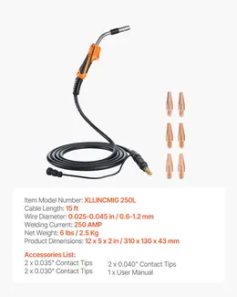 Product image of 250A MIG Welding Gun, 15 ft Cable, for Lincoln Magnum Pro 250L, with 7 Contact Tips
