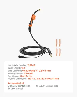 Product image of 150A MIG Welding Gun, 15ft Cable, for Miller M-15/M-150 (249041)