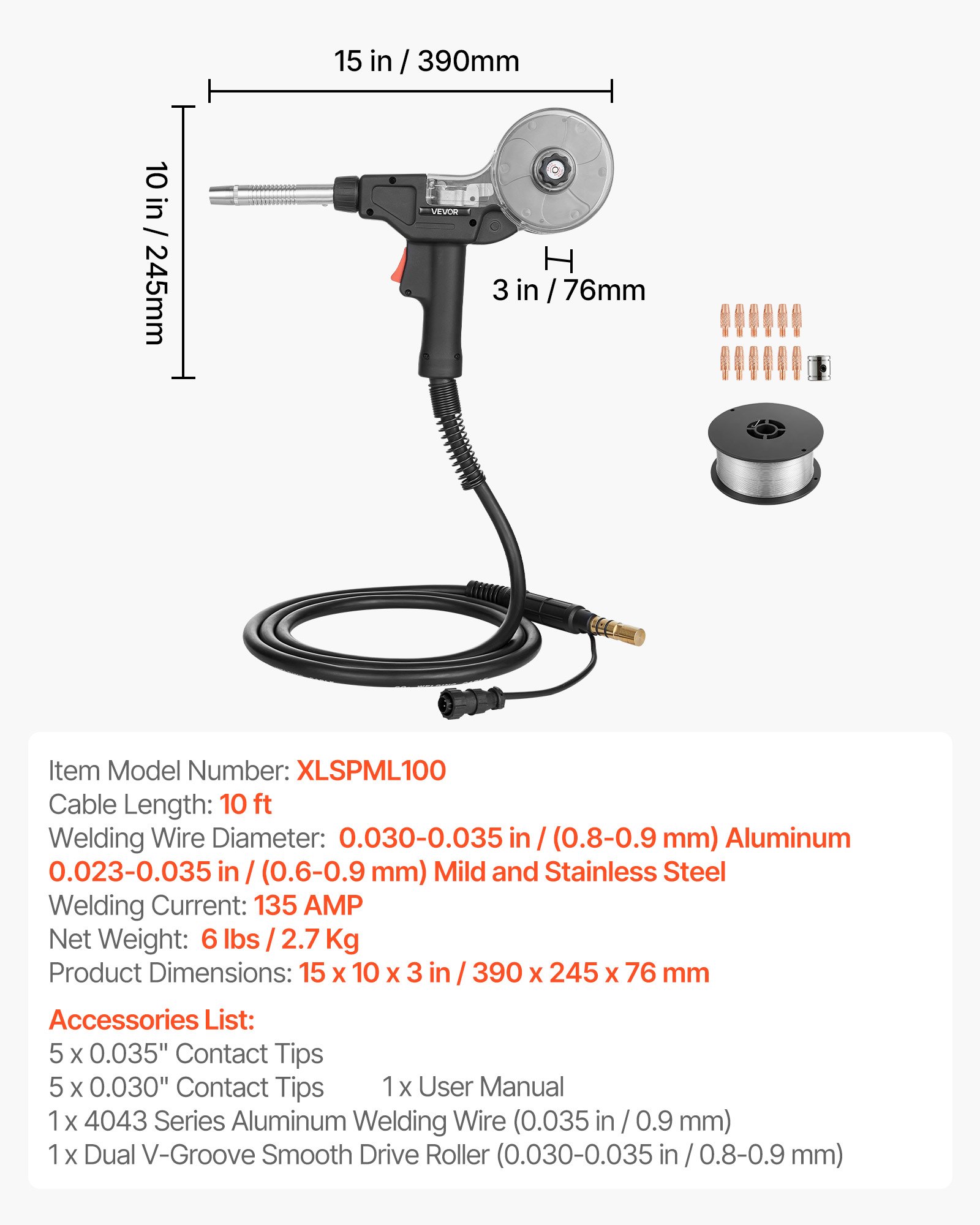 Main product image of 135A Spool Gun, 10ft Cable, for Miller Spoolmate 100, 11 Tips, ER4043 0.035" Wire