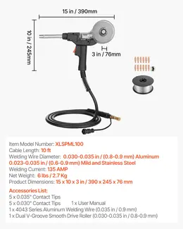 Product image of 135A Spool Gun, 10ft Cable, for Miller Spoolmate 100, 11 Tips, ER4043 0.035" Wire