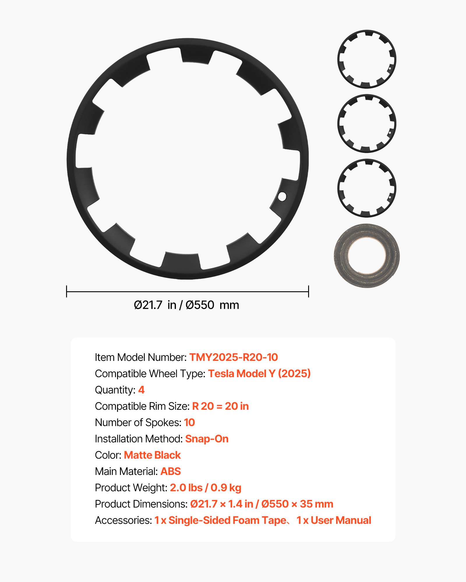 Main product image of 2025 Tesla Model Y 20 Inch Matte Black 10-Spoke ABS OEM Style Hubcaps, Set of 4