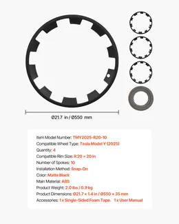 Product image of 2025 Tesla Model Y 20 Inch Matte Black 10-Spoke ABS OEM Style Hubcaps, Set of 4