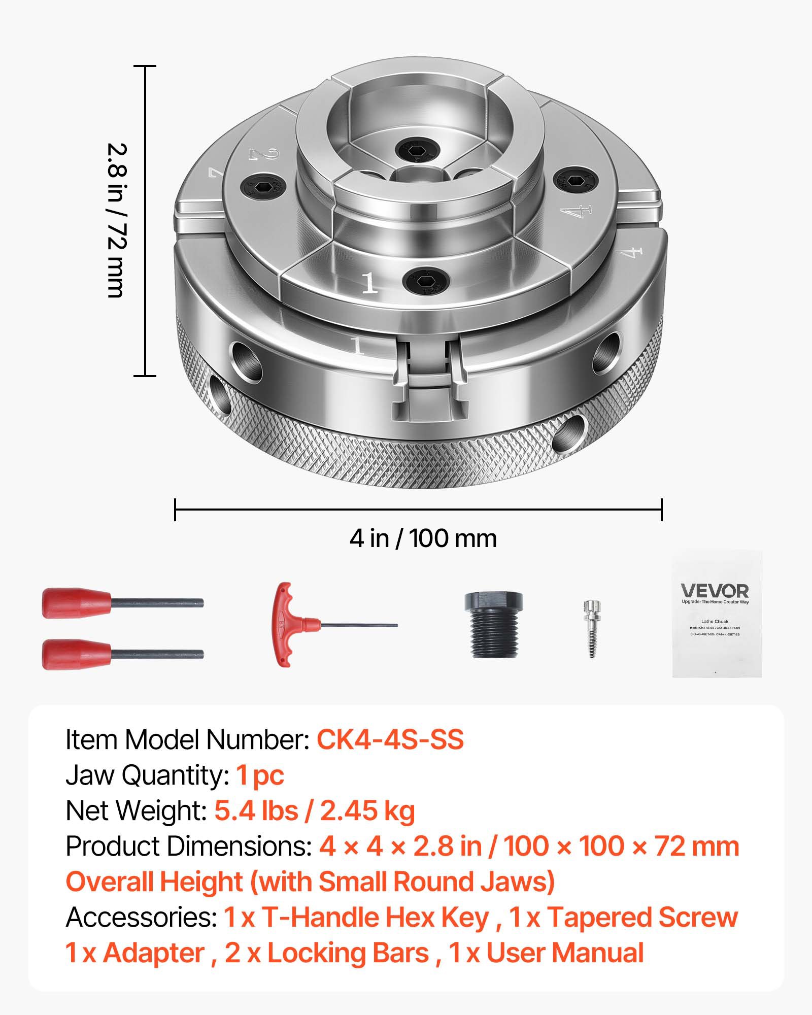 Main product image of 4 Inch Wood Lathe Chuck, 4-Jaw, Self-Centering, 1" x 8TPI Thread, Nickel-Plated