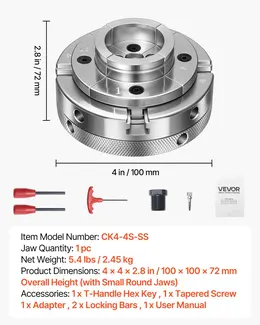 Product image of 4 Inch Wood Lathe Chuck, 4-Jaw, Self-Centering, 1" x 8TPI Thread, Nickel-Plated