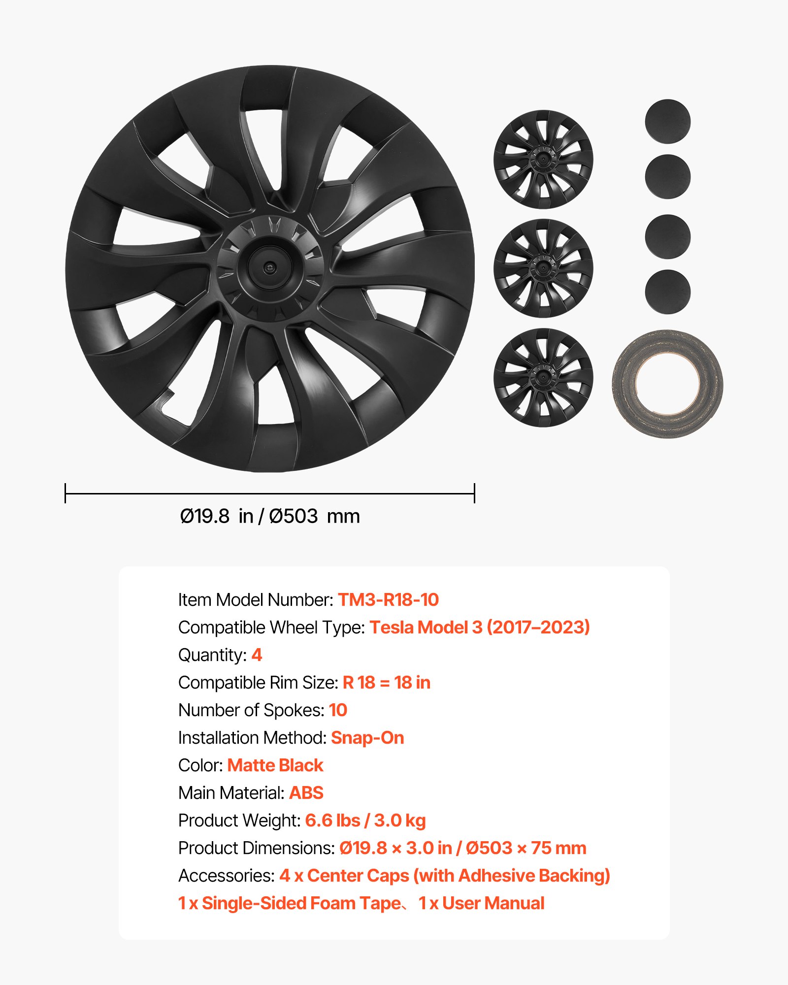 Main product image of Tesla Model 3 2017-2023 18 Inch Matte Black 10-Spoke ABS Snap-On Hubcaps, Set of 4