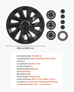 Product image of Tesla Model 3 2017-2023 18 Inch Matte Black 10-Spoke ABS Snap-On Hubcaps, Set of 4