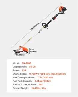 Product image of 26cc Gas String Trimmer, 17in Cut, 10in Brush Cutter, 2-Stroke