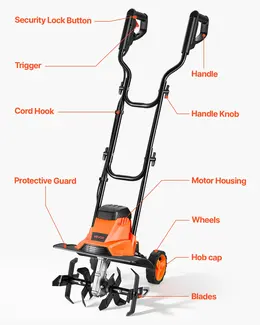 Product image of Corded Electric Tiller, 14 Inch, 10-Amp Motor, Steel Tines, Foldable Handle