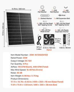 Product image of 25W Solar Panel Kit with 4 Fans, 2668 RPM, Adjustable Angle, for Ventilation