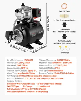 Product image of 1 HP Shallow Well Jet Pump, 120V, 1000 GPH, Stainless Steel, 5-Gal Tank, 20/40 PSI