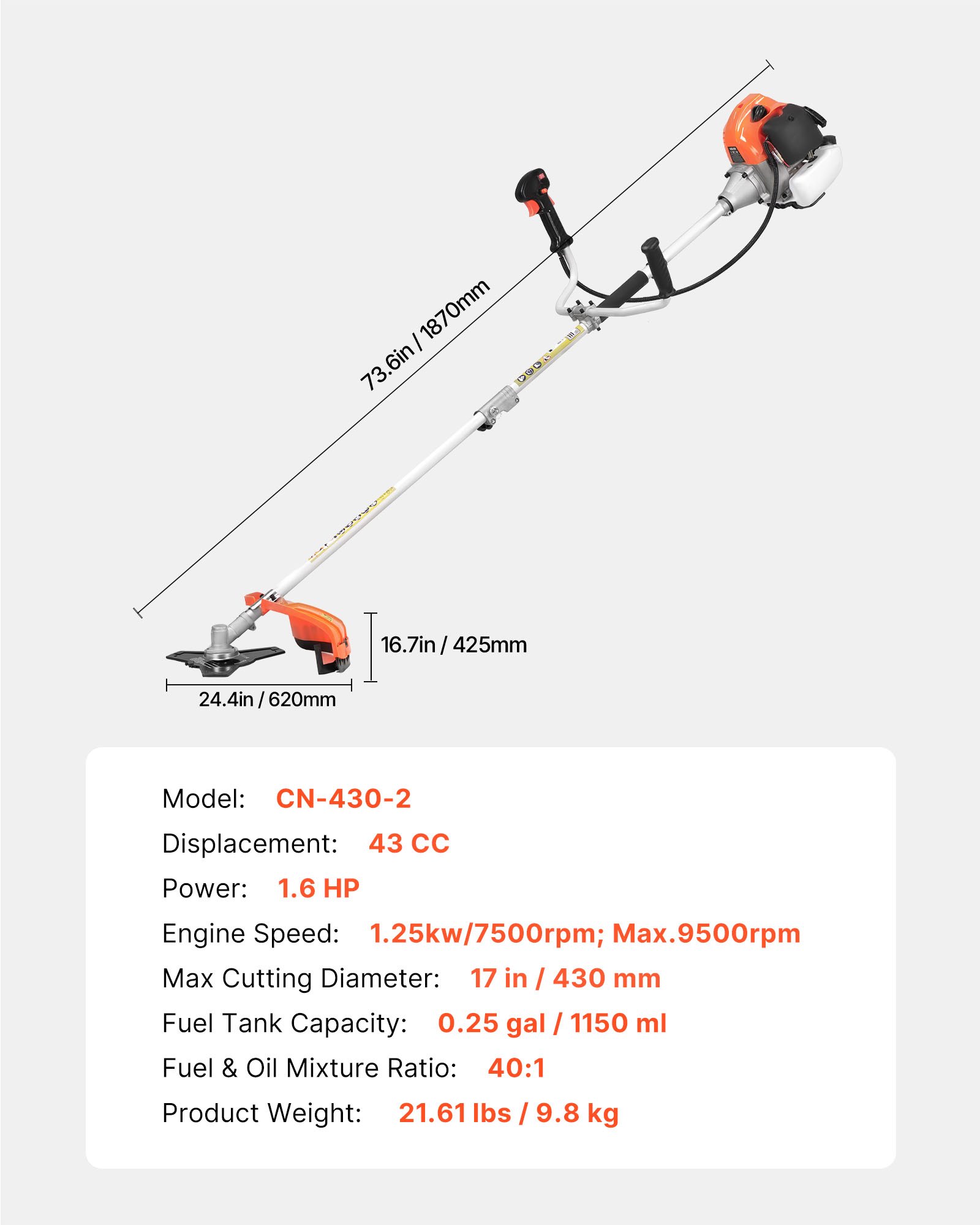 Main product image of 43cc 2-Stroke Gas String Trimmer, 17" Cut, Edger, with Shoulder Strap & 3T Blade