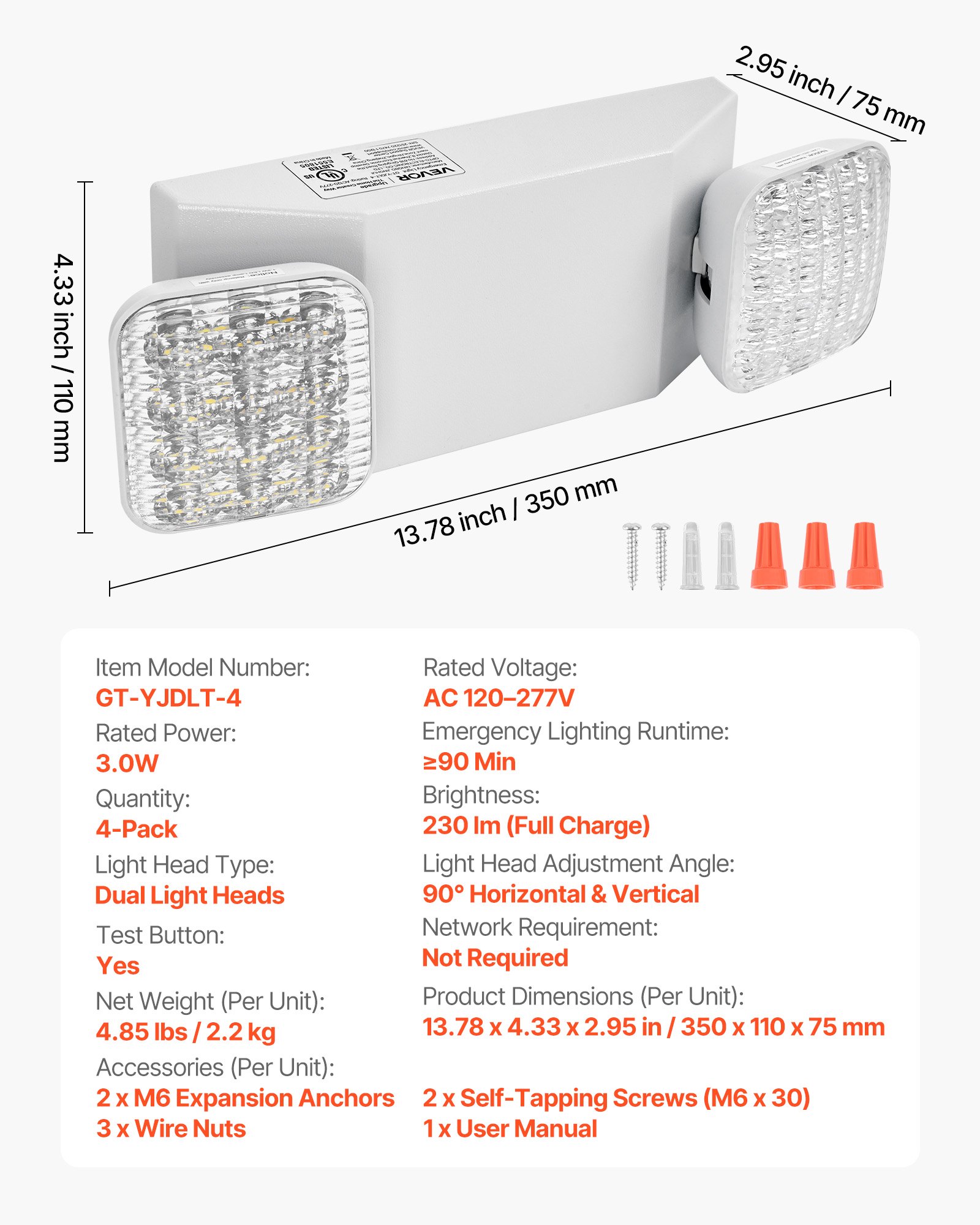 Main product image of 4 Pack Commercial LED Emergency Lights, 90-Min Battery Backup, 120/277V, White