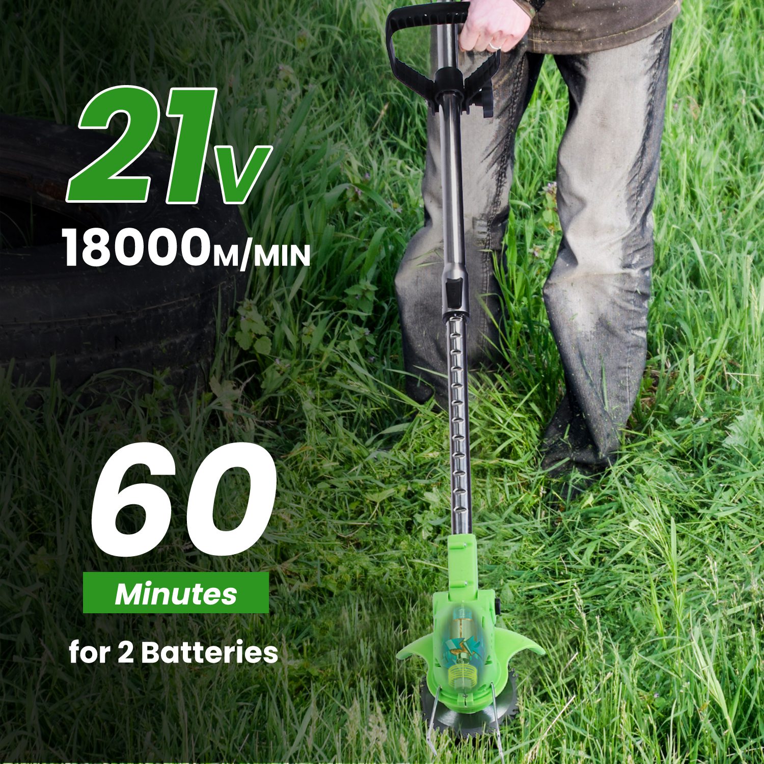 Main product image of 21V 300W Cordless Grass Trimmer, Weed Cutter, Saw Blade, 2 Batteries