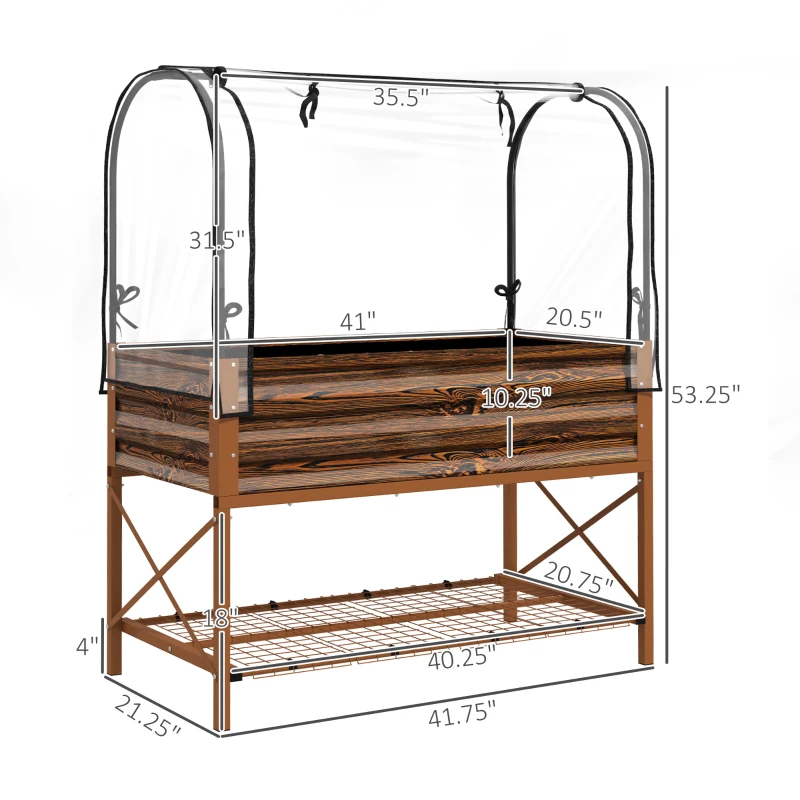 Main product image of Raised Metal Garden Bed with Legs, Cover, Bottom Shelf, and Liner, Brown
