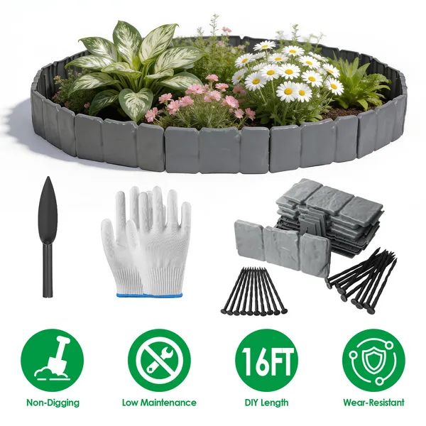 Main product image of 16FT Non-Dig Plastic Landscape Edging, 20-Piece Faux Cobbled Stone