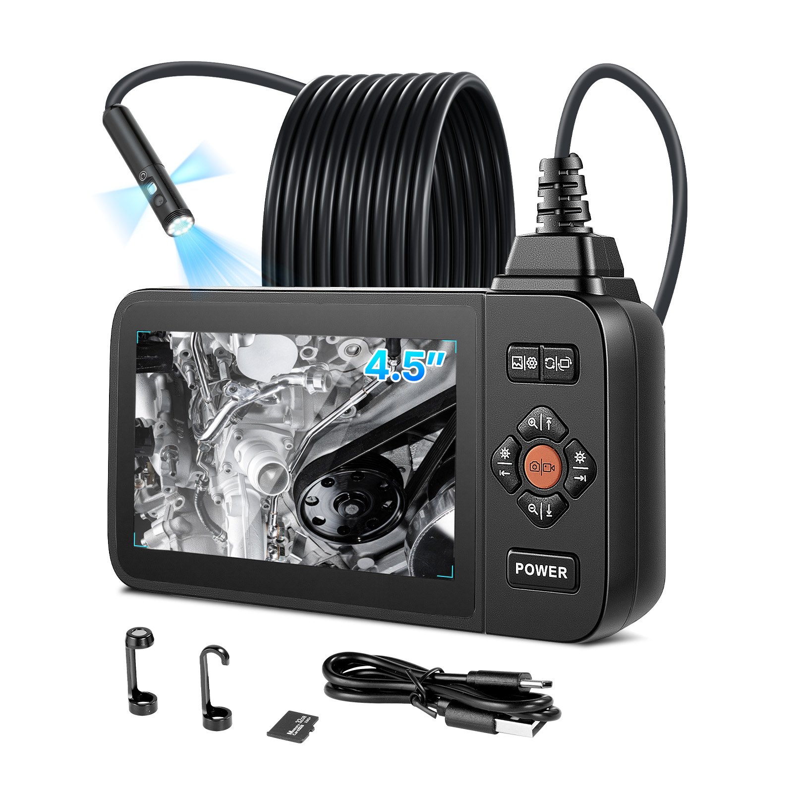 Main product image of Triple Lens Industrial Borescope, 4.5 HD IPS Screen, 10 LED, 8X Zoom, IP67, 6.4FT Cable