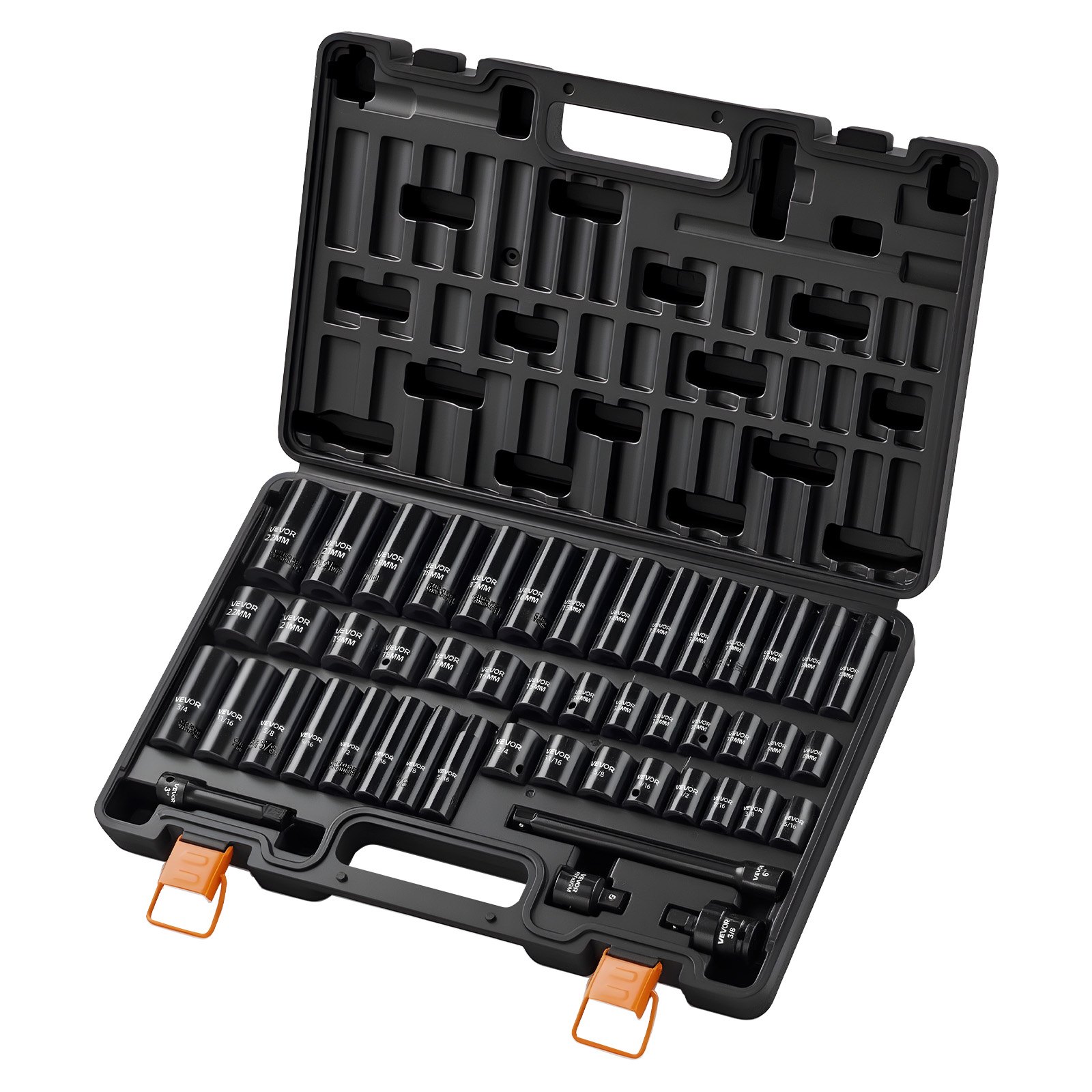 Main product image of Impact Socket Set, 3/8" Drive, 48-Piece, 6-Point, Cr-V, SAE 5/16-3/4", Metric 8-19, 21-22mm