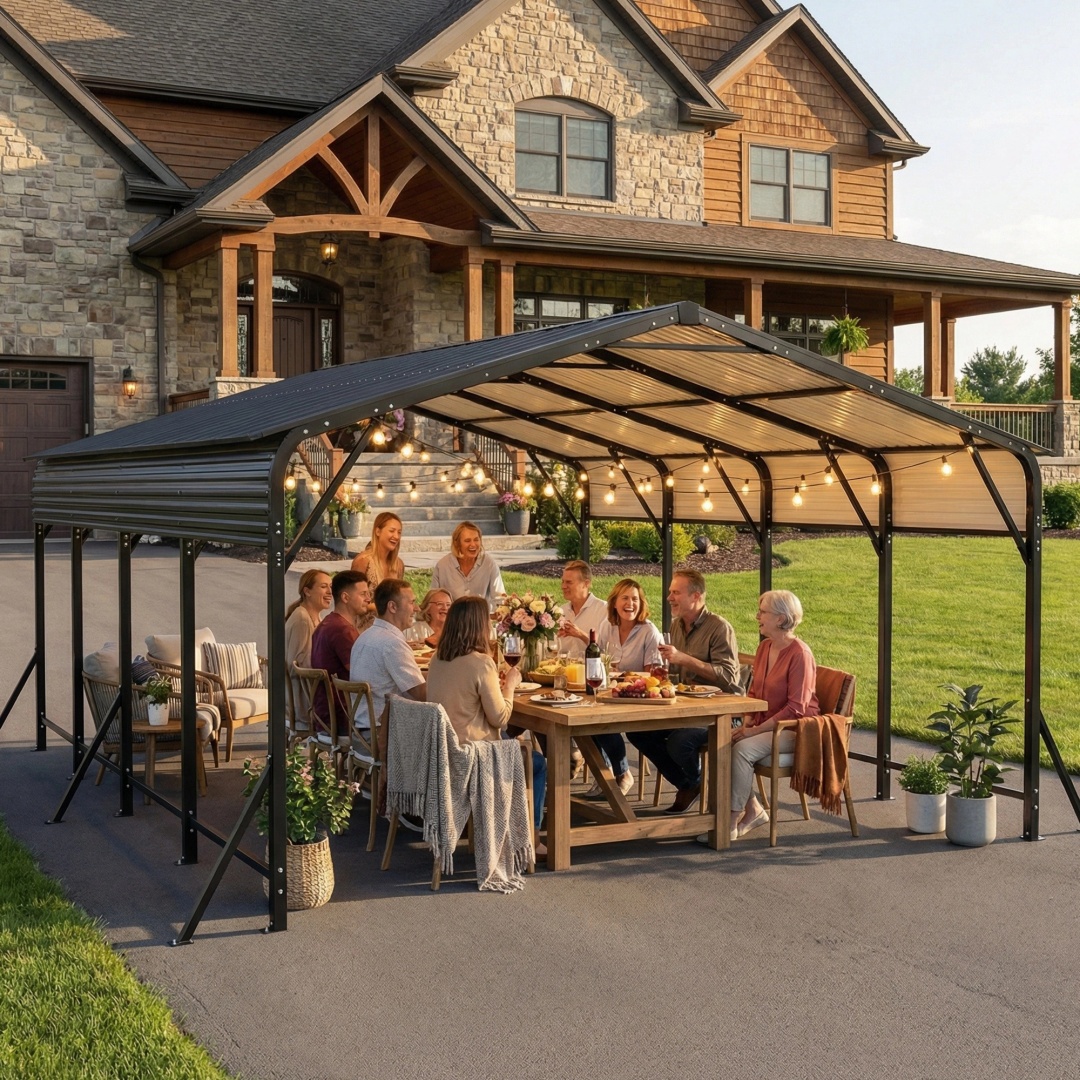 Main product image of Galvanized Steel Carport Canopy, Triangle Reinforced Frame, UV-Resistant Waterproof Roof