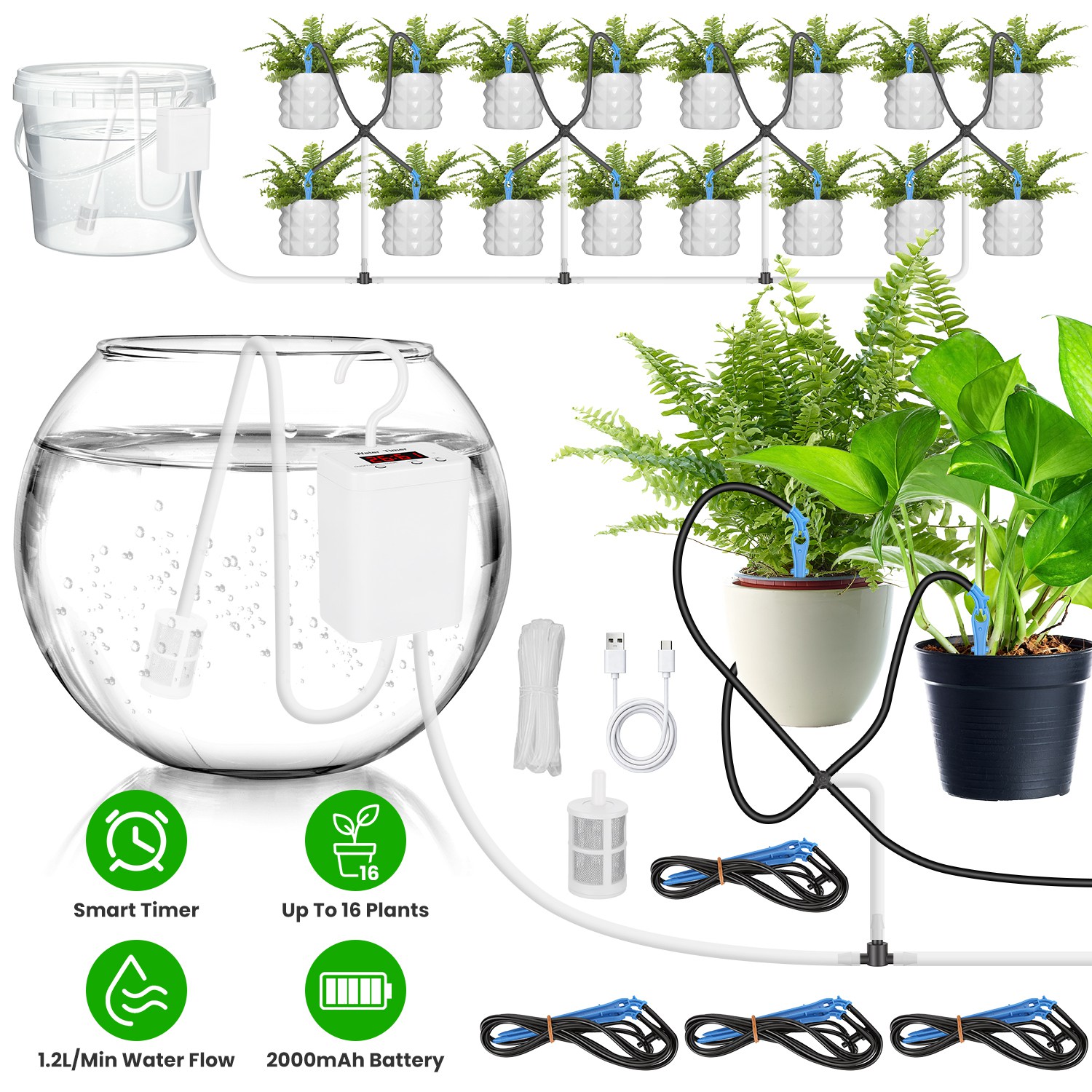 Main product image of Automatic Rechargeable Drip Irrigation System, LCD, 16 Drip Arrows
