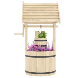 Product image of Wood Wishing Well Planter with Hanging Bucket and Drain Hole