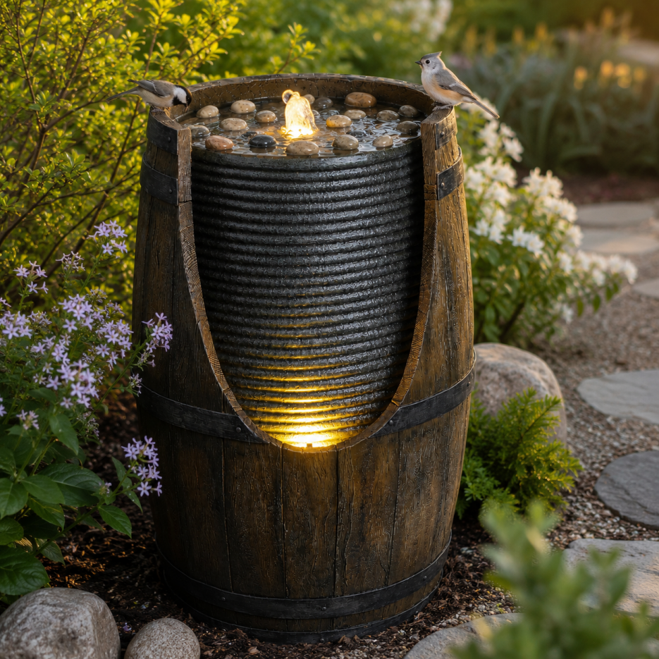 Main product image of Outdoor Resin Barrel Water Fountain with Bird Waterer, LED Lights, and Pump