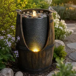 Product image of Outdoor Resin Barrel Water Fountain with Bird Waterer, LED Lights, and Pump