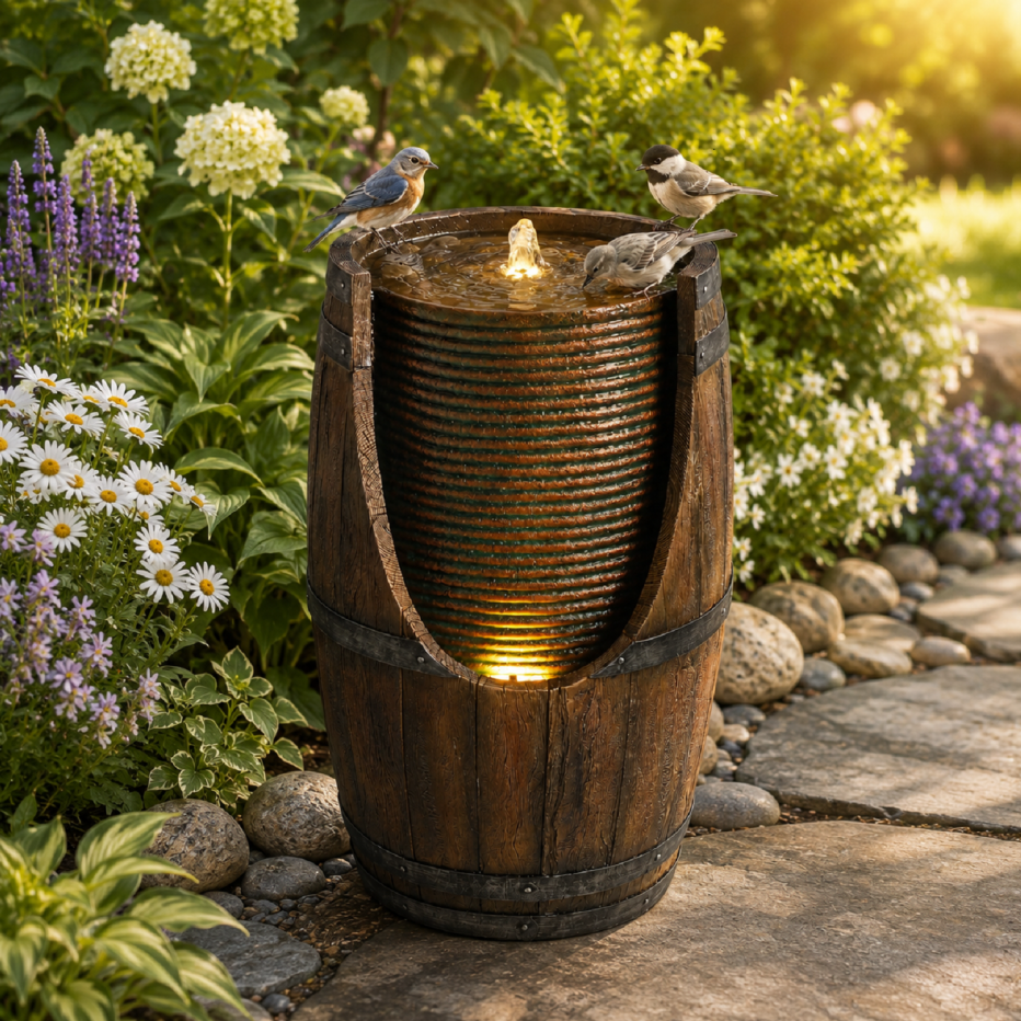 Main product image of Outdoor Barrel Waterfall Fountain, Resin, Wood Look, with Lights