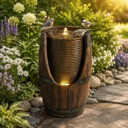 Product image of Outdoor Barrel Waterfall Fountain, Resin, Wood Look, with Lights