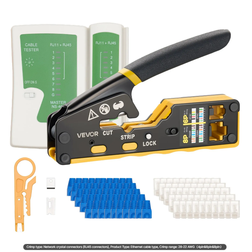Main product image of VEVOR RJ45/RJ11/RJ12 Crimping Tool Kit, 4-6-8-Pin Plugs, Tester