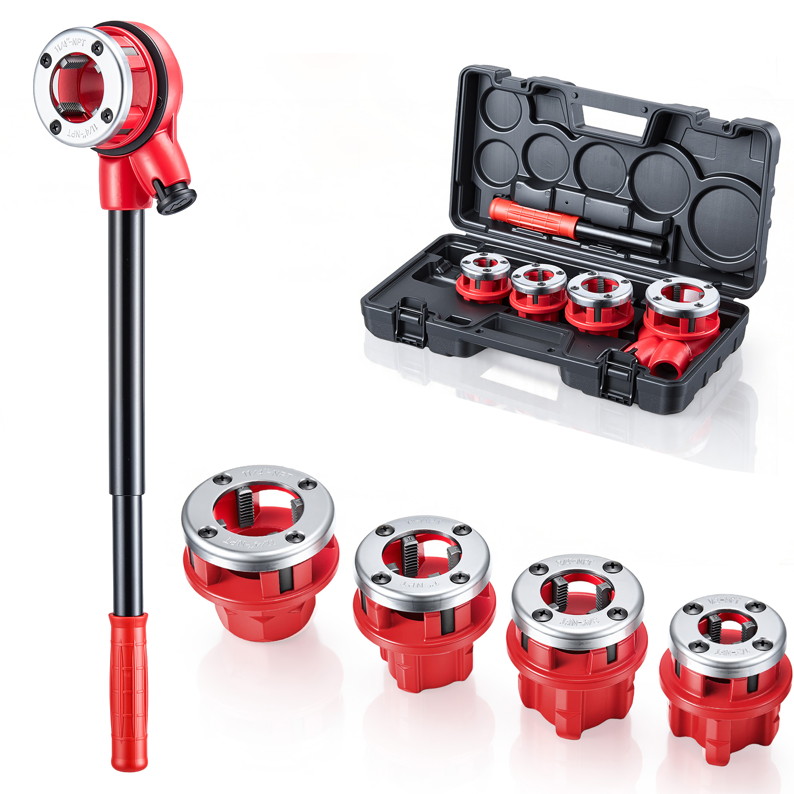 Main product image of Ratchet Pipe Threader Kit, 4 NPT Dies: 1/2", 3/4", 1", 1-1/4", with Toolbox