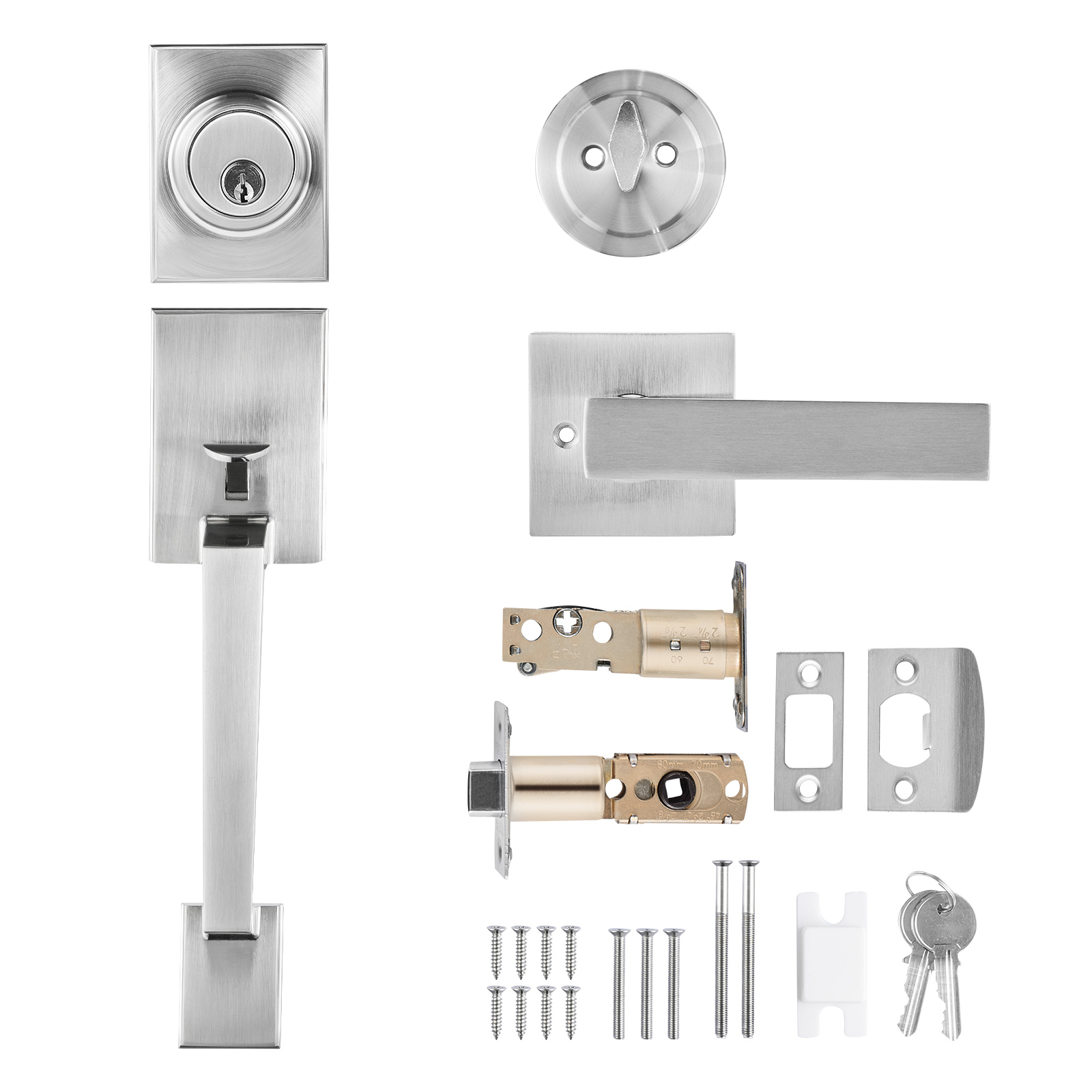 Main product image of Satin Nickel Square Front Door Handle Set, Deadbolt, Single Cylinder, Reversible