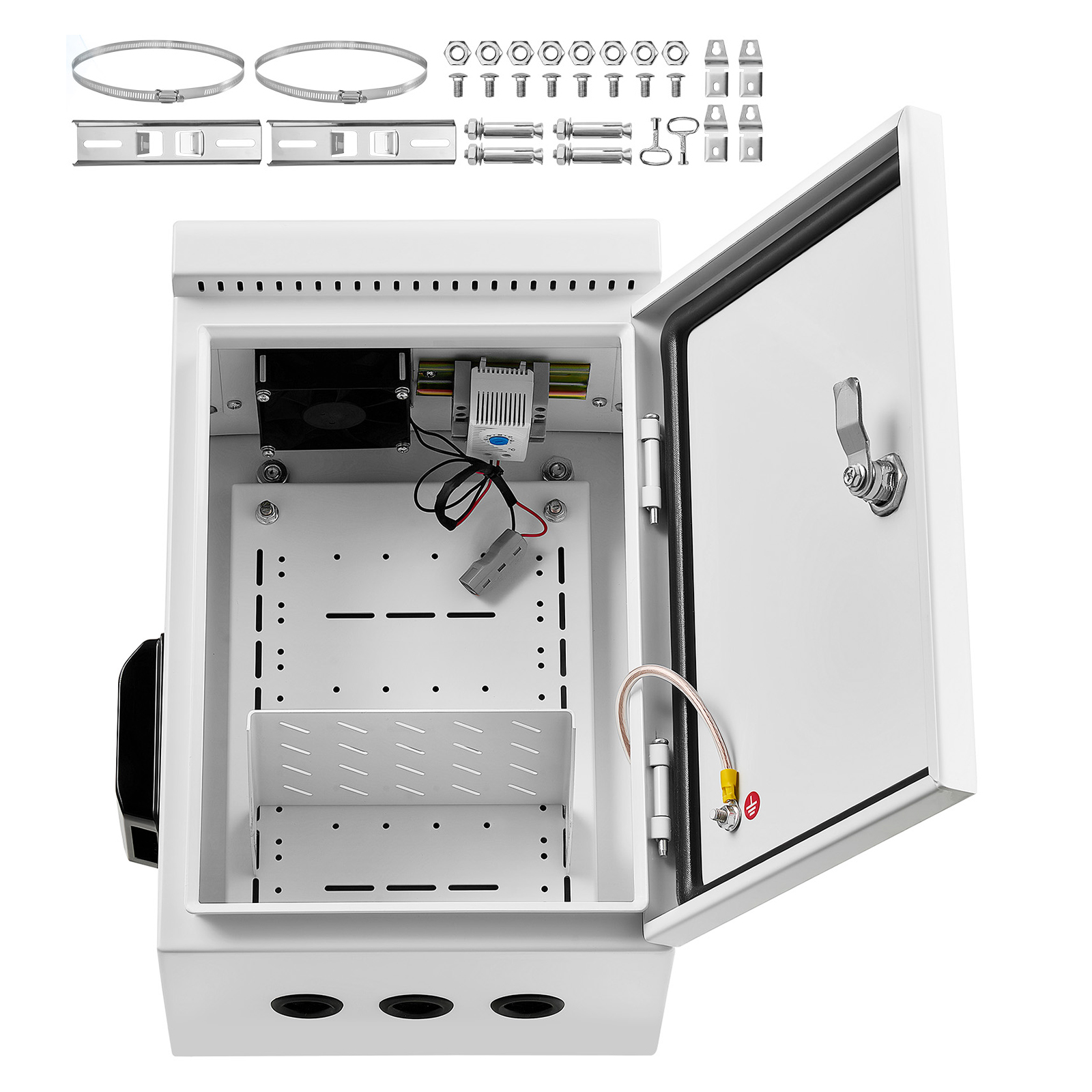 Main product image of Outdoor Electrical Enclosure, IP65, Thermostat, Fan, Rain Hood, 16x12x8 In