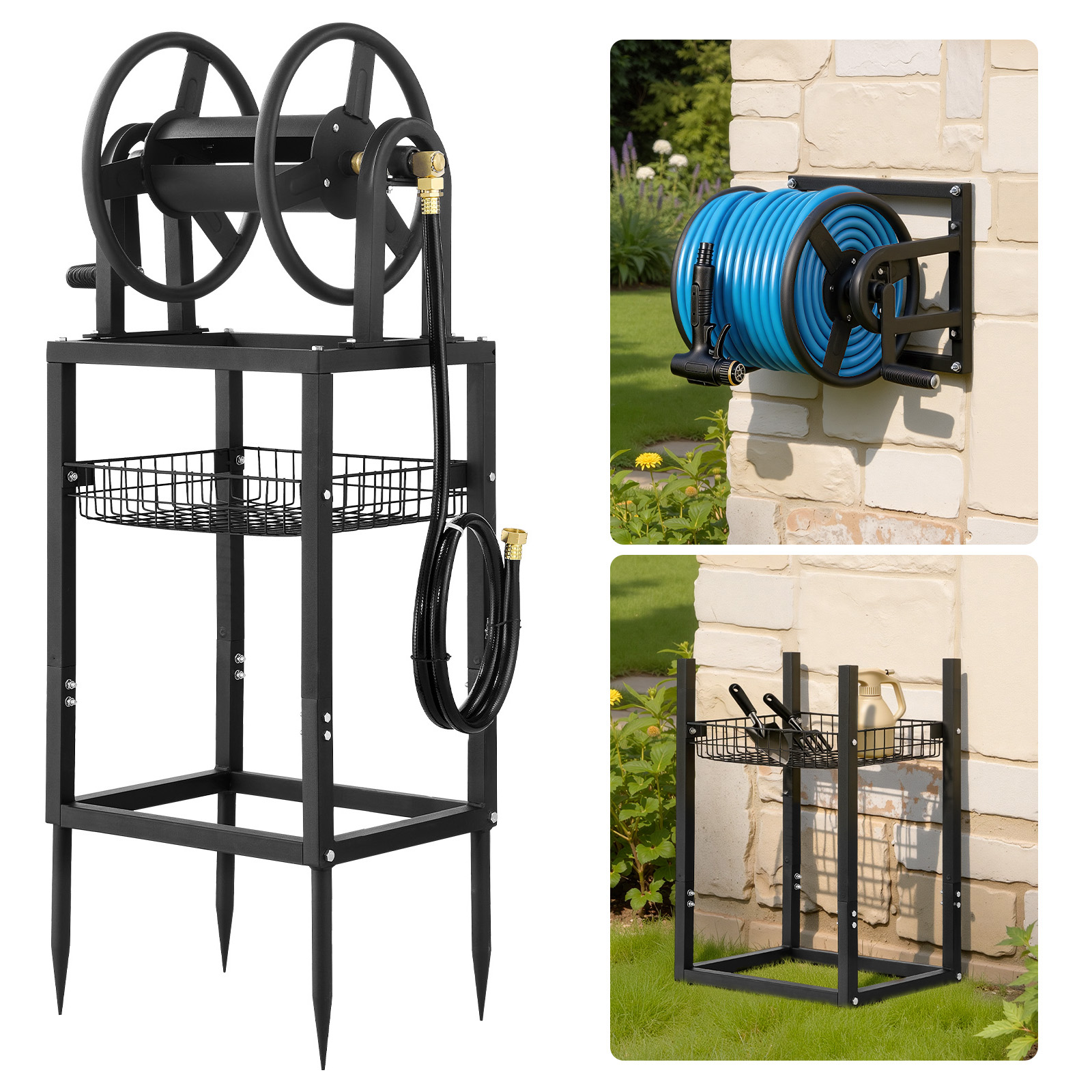 Main product image of Garden Hose Reel, 125 ft x 5/8 in Capacity, Wall/Ground Mount, 5 ft Leader Hose, Brass Fittings
